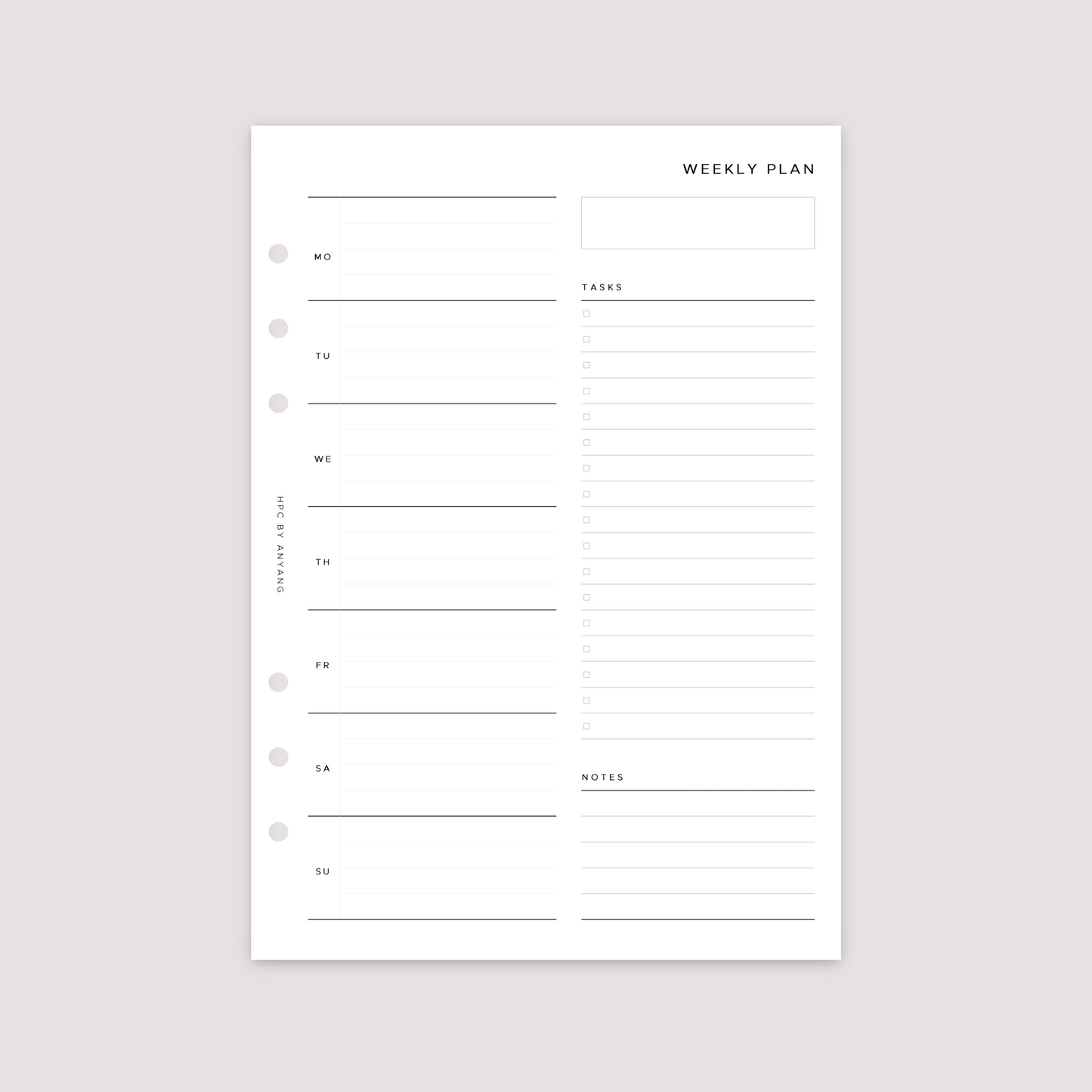 Undated - Week on 1 Page with notes - Planner Inserts