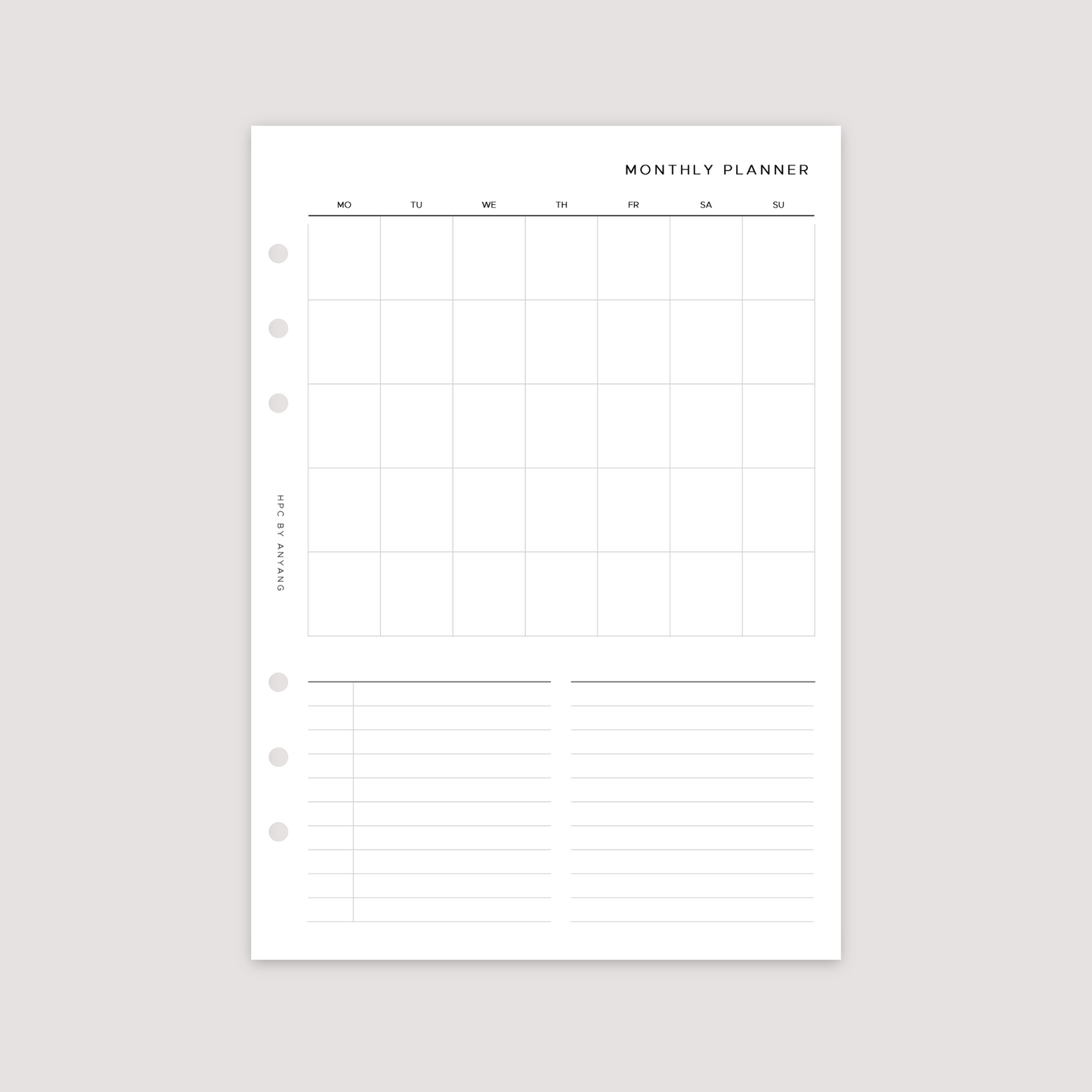 Undated - Month on 1 Page - Planner Inserts