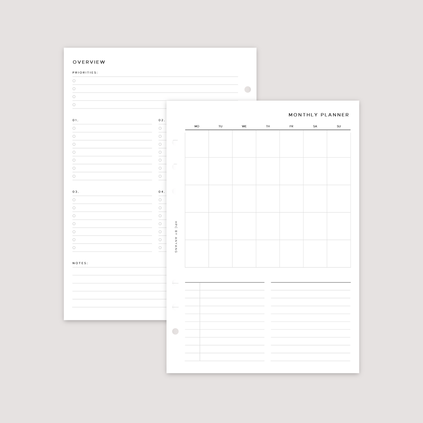 Undated - Month on 1 Page - Planner Inserts