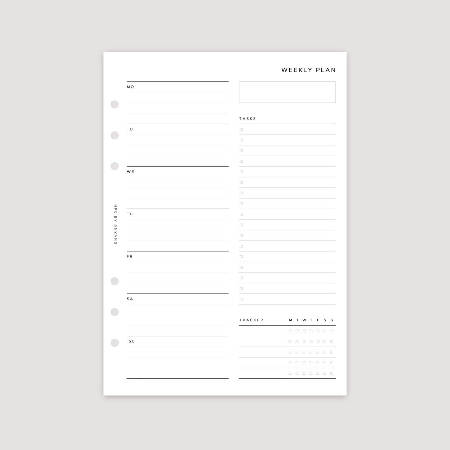 Undated - Week on 1 Page with tracker - Planner Inserts