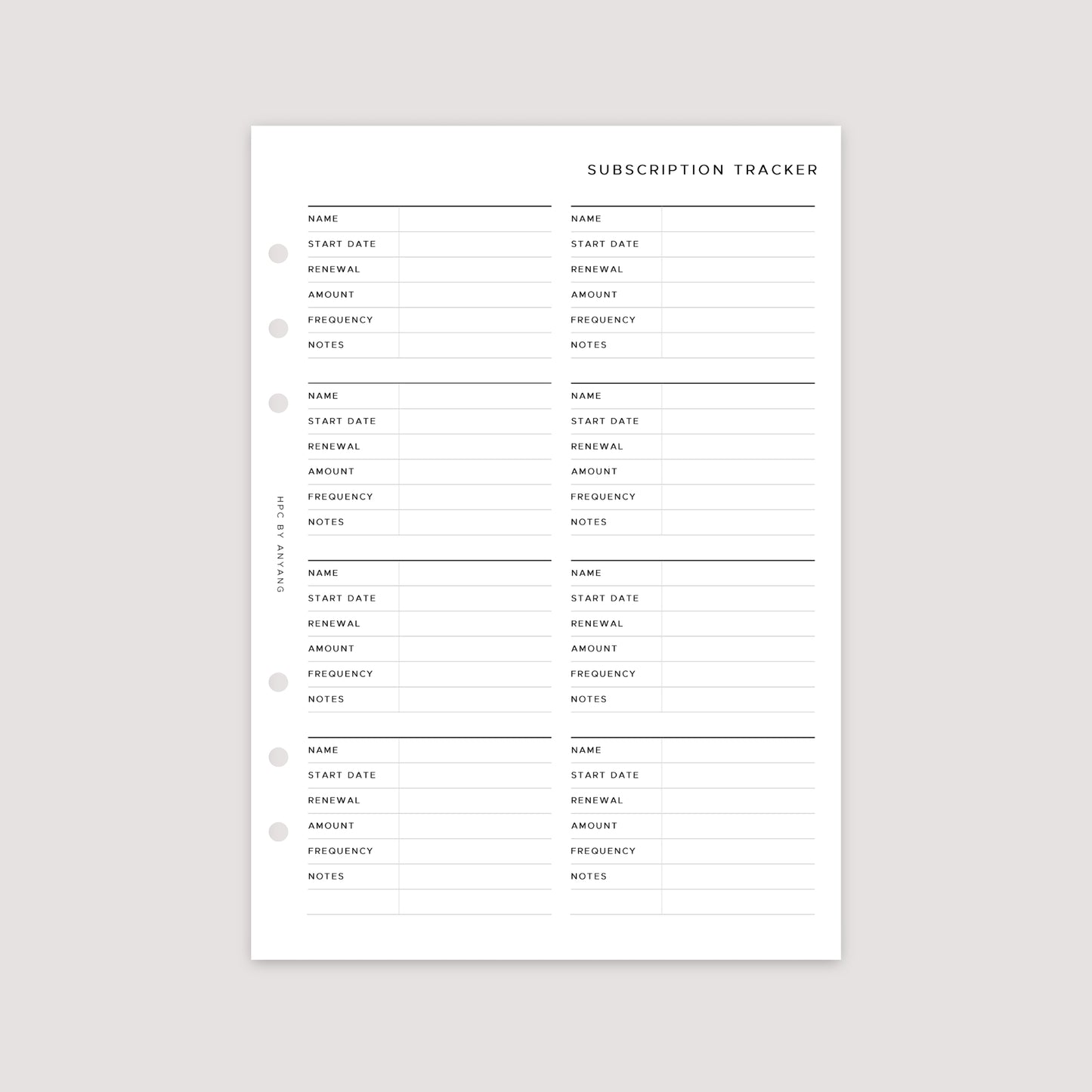 Subscription Tracker – Planner Inserts