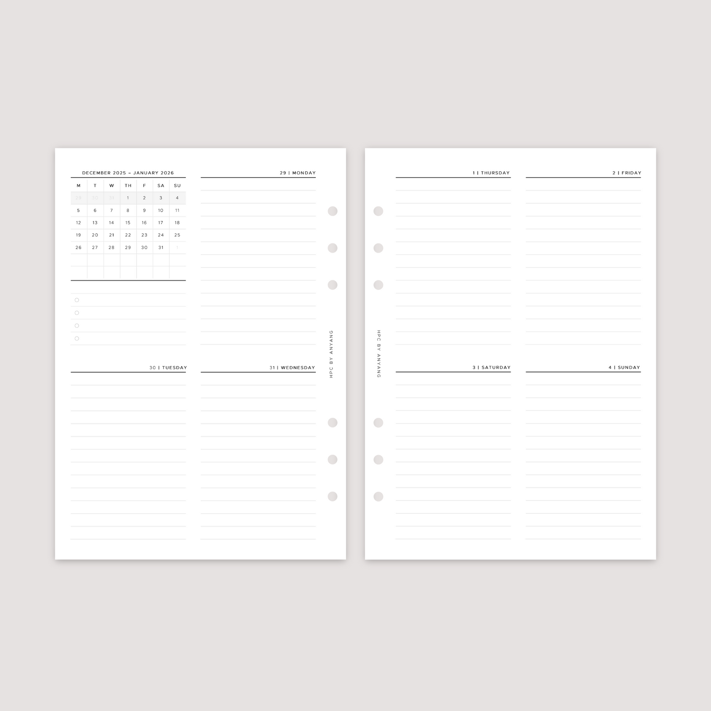 2026 Dated - Week on 2 Pages - Vertical - Planner Inserts