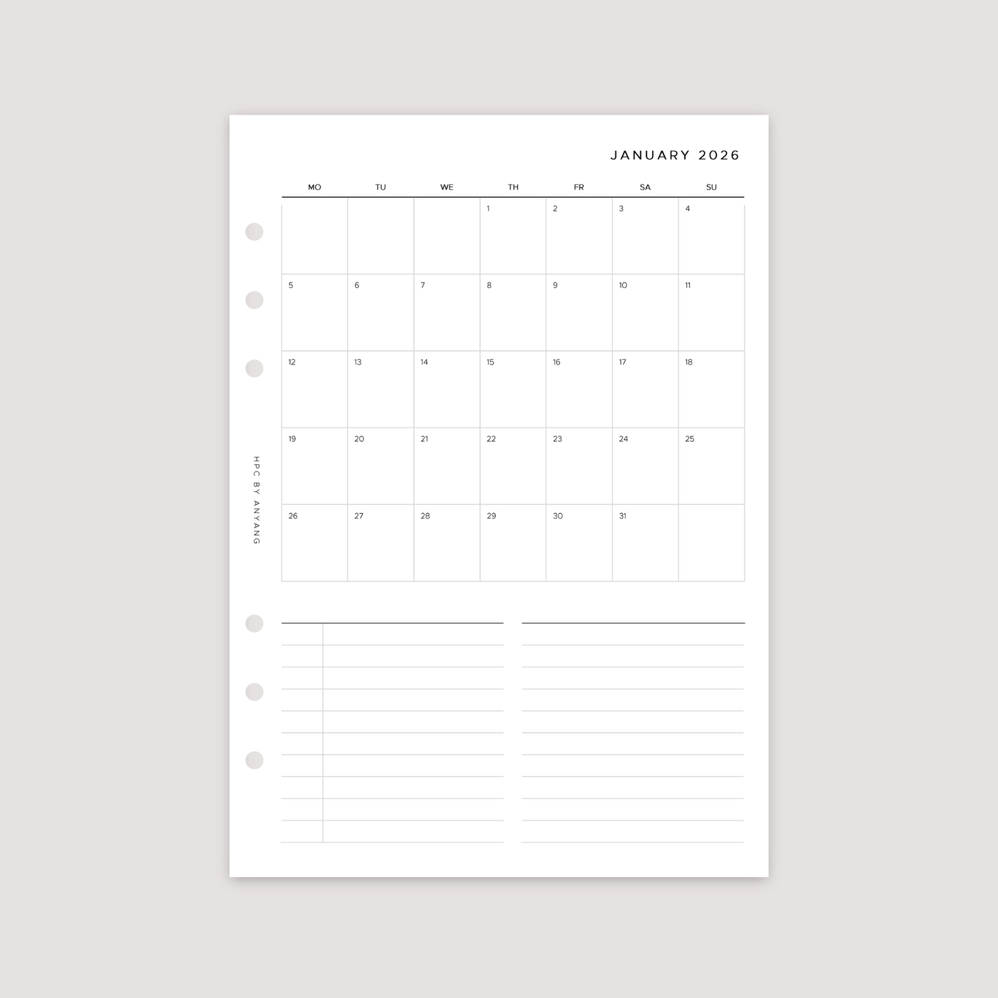2026 Dated - Month on 1 Page - Planner Inserts