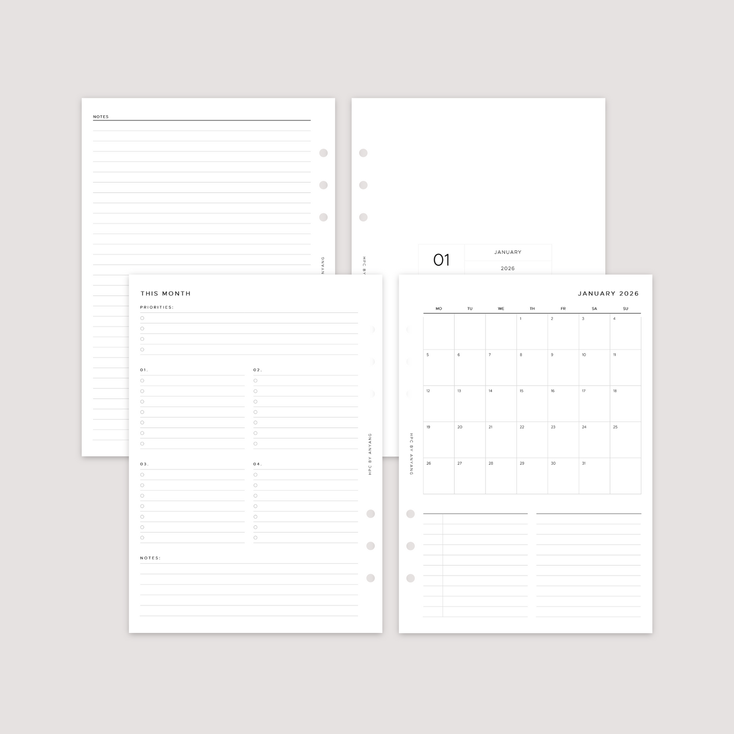 2026 Dated - Month on 1 Page - Planner Inserts