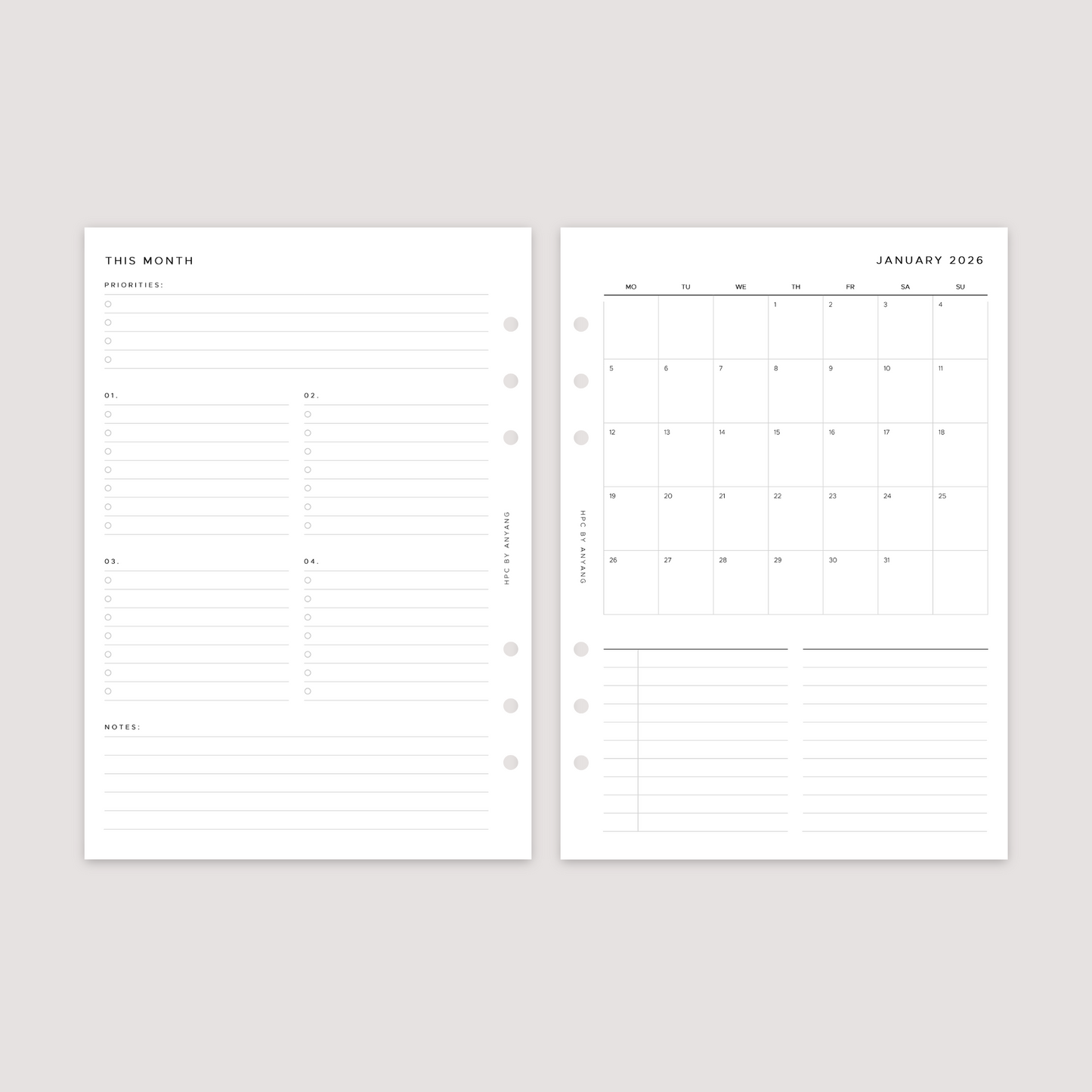 2026 Dated - Month on 1 Page - Planner Inserts