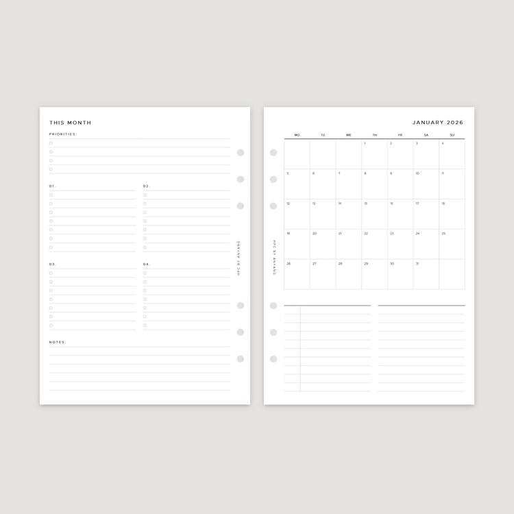 2026 Dated - Month on 1 Page - Planner Inserts