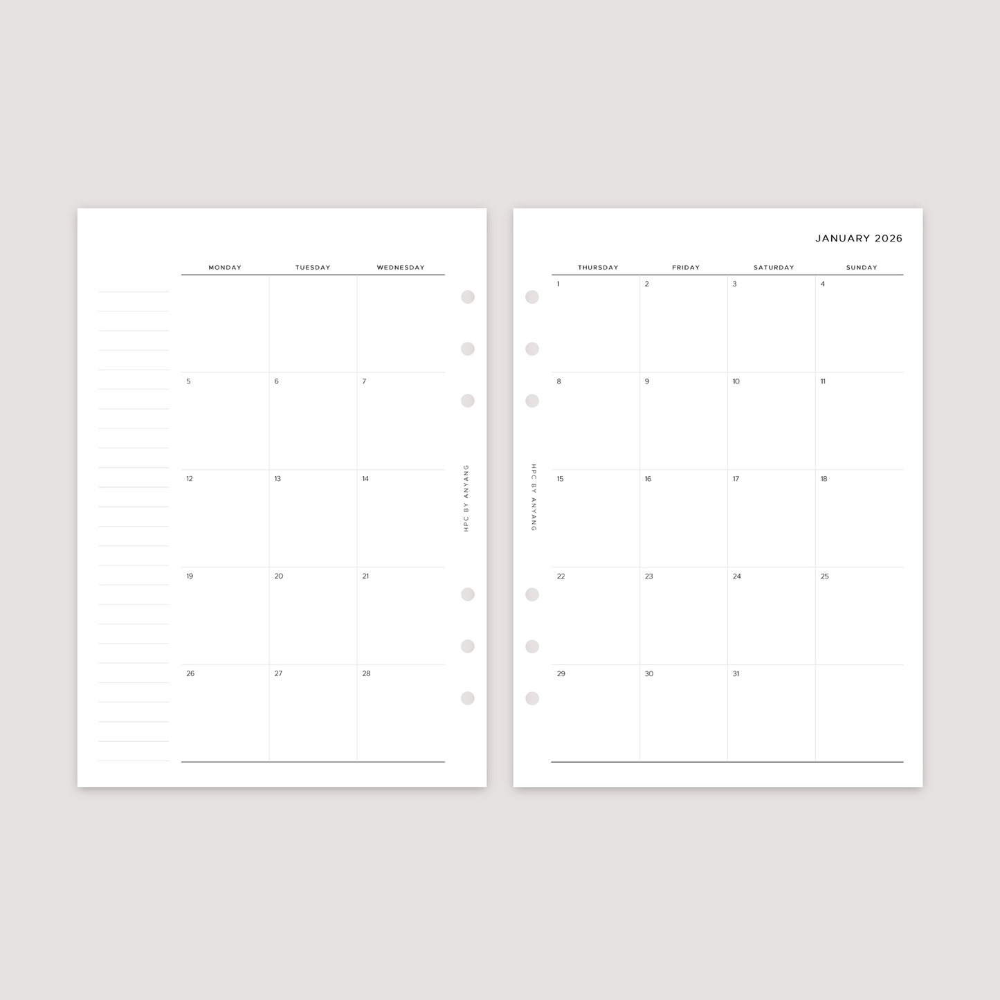 2026 Dated - Month on 2 Pages - Planner Inserts