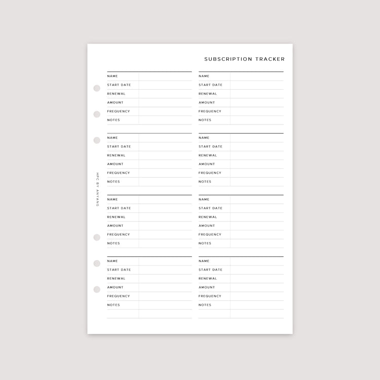 Subscription Tracker – Planner Inserts